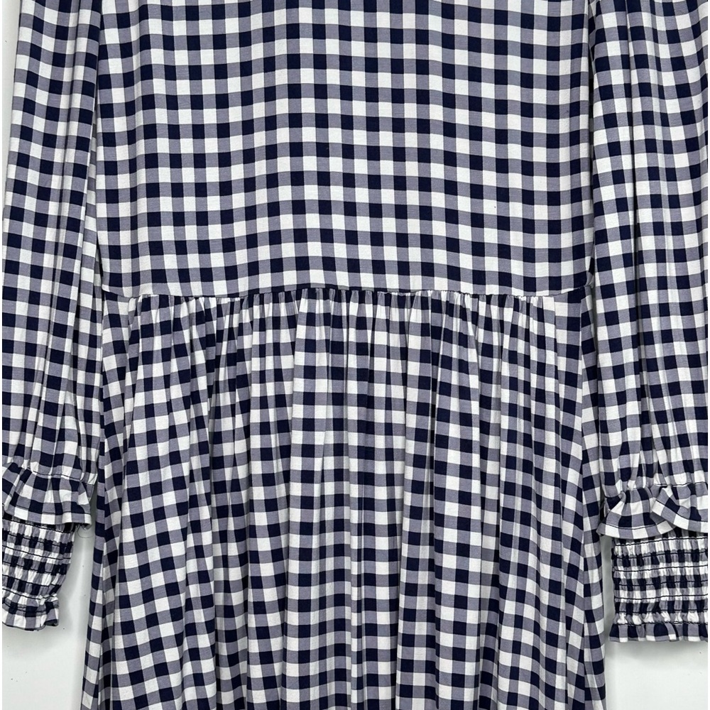 Draper James Kitty Navy Gingham Dress Ruffled Neck Long Sleeve Smocked Cuff Sz S - Picture 9 of 9